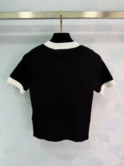 Color-blocked crew neck knit short-sleeved top