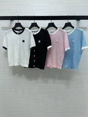 Color-blocked Crew Neck Knit Short-Sleeve Cardigan