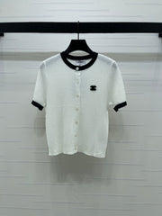 Color-blocked Crew Neck Knit Short-Sleeve Cardigan