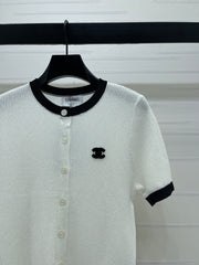 Color-blocked Crew Neck Knit Short-Sleeve Cardigan