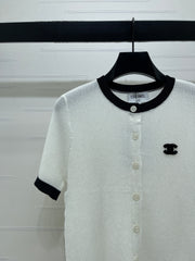 Color-blocked Crew Neck Knit Short-Sleeve Cardigan