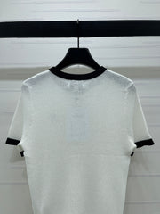 Color-blocked Crew Neck Knit Short-Sleeve Cardigan