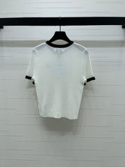 Color-blocked Crew Neck Knit Short-Sleeve Cardigan