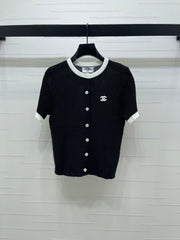 Color-blocked Crew Neck Knit Short-Sleeve Cardigan