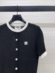 Color-blocked Crew Neck Knit Short-Sleeve Cardigan