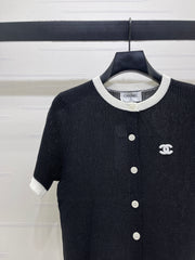 Color-blocked Crew Neck Knit Short-Sleeve Cardigan