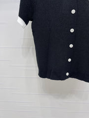 Color-blocked Crew Neck Knit Short-Sleeve Cardigan