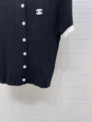 Color-blocked Crew Neck Knit Short-Sleeve Cardigan