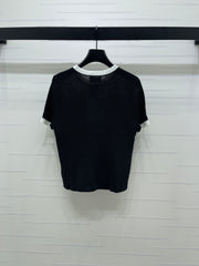 Color-blocked Crew Neck Knit Short-Sleeve Cardigan