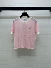 Color-blocked Crew Neck Knit Short-Sleeve Cardigan