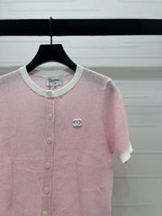 Color-blocked Crew Neck Knit Short-Sleeve Cardigan