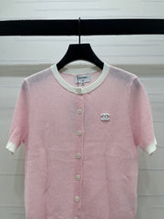 Color-blocked Crew Neck Knit Short-Sleeve Cardigan