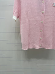 Color-blocked Crew Neck Knit Short-Sleeve Cardigan