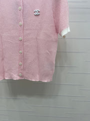 Color-blocked Crew Neck Knit Short-Sleeve Cardigan