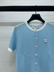 Color-blocked Crew Neck Knit Short-Sleeve Cardigan