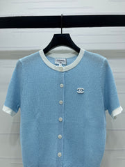 Color-blocked Crew Neck Knit Short-Sleeve Cardigan