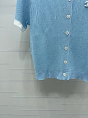 Color-blocked Crew Neck Knit Short-Sleeve Cardigan