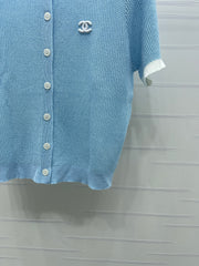 Color-blocked Crew Neck Knit Short-Sleeve Cardigan