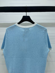 Color-blocked Crew Neck Knit Short-Sleeve Cardigan