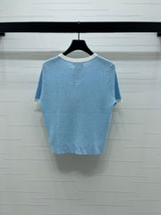 Color-blocked Crew Neck Knit Short-Sleeve Cardigan