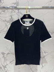 Color-blocked, openwork crew neck short-sleeved top