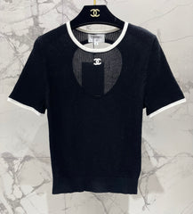 Color-blocked, openwork crew neck short-sleeved top