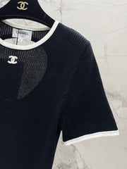 Color-blocked, openwork crew neck short-sleeved top