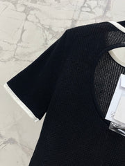 Color-blocked, openwork crew neck short-sleeved top