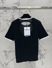 Color-blocked, openwork crew neck short-sleeved top