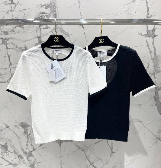 Color-blocked, openwork crew neck short-sleeved top