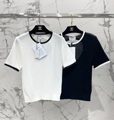 Color-blocked, openwork crew neck short-sleeved top