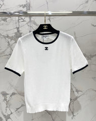 Color-blocked, openwork crew neck short-sleeved top