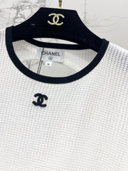 Color-blocked, openwork crew neck short-sleeved top