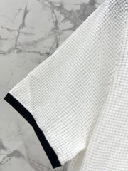 Color-blocked, openwork crew neck short-sleeved top