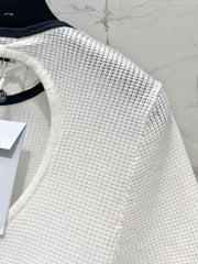 Color-blocked, openwork crew neck short-sleeved top