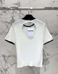 Color-blocked, openwork crew neck short-sleeved top