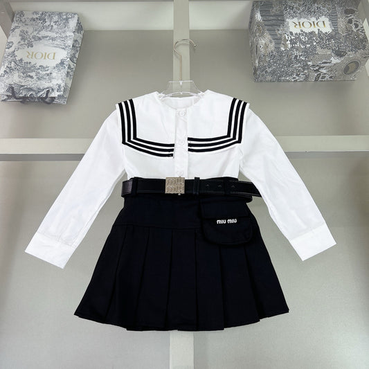 Navy-style shirt + pleated skirt