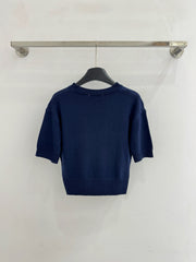 Striped wool knit short-sleeved top