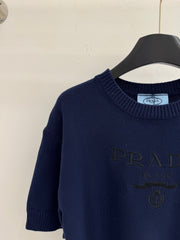 Striped wool knit short-sleeved top