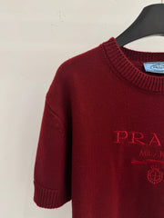 Striped wool knit short-sleeved top