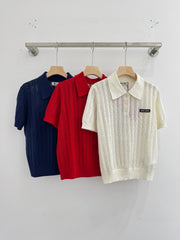 Polo collar knitted openwork short-sleeved top