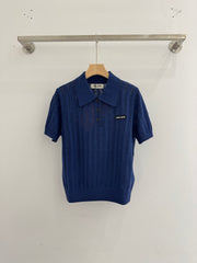 Polo collar knitted openwork short-sleeved top