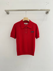 Polo collar knitted openwork short-sleeved top