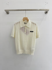 Polo collar knitted openwork short-sleeved top