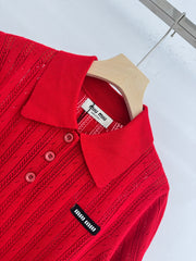 Polo collar knitted openwork short-sleeved top