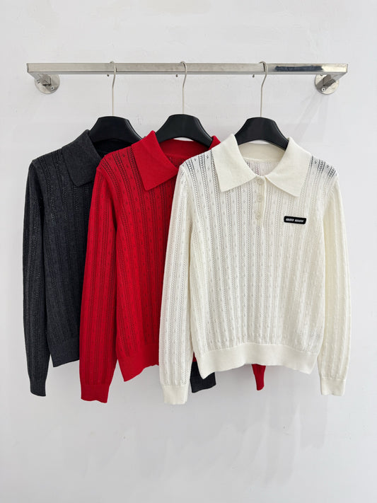 Polo collar knitted openwork long-sleeved top