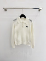 Polo collar knitted openwork long-sleeved top
