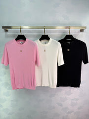 Vertical striped knit short-sleeved top