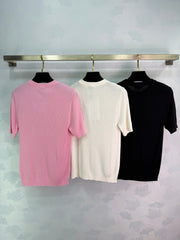 Vertical striped knit short-sleeved top