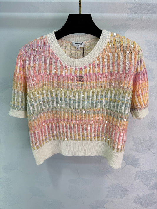 Sequined Knit Short-Sleeve T-Shirt